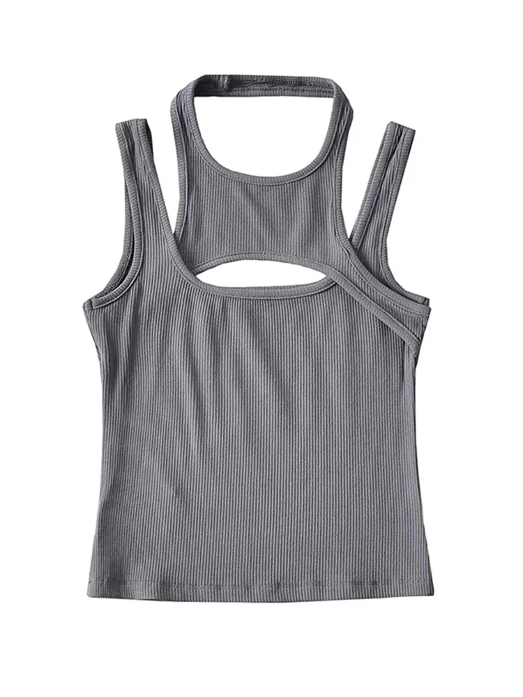 Asymmetrical Cut-Out Ribbed Tank Top with Sleeveless Slim Fit Streetwear Design
