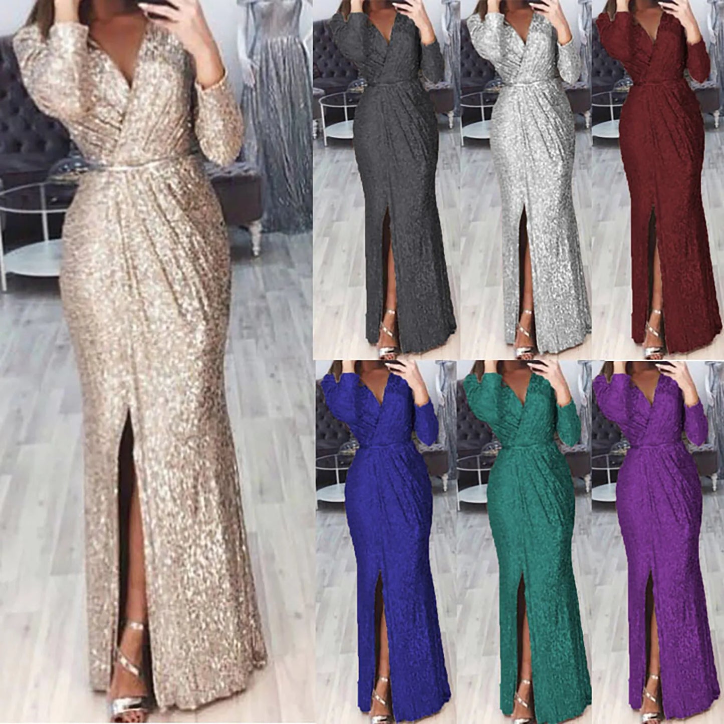 Textured Long Sleeve Maxi Dress With Sculpted Fit And Slit