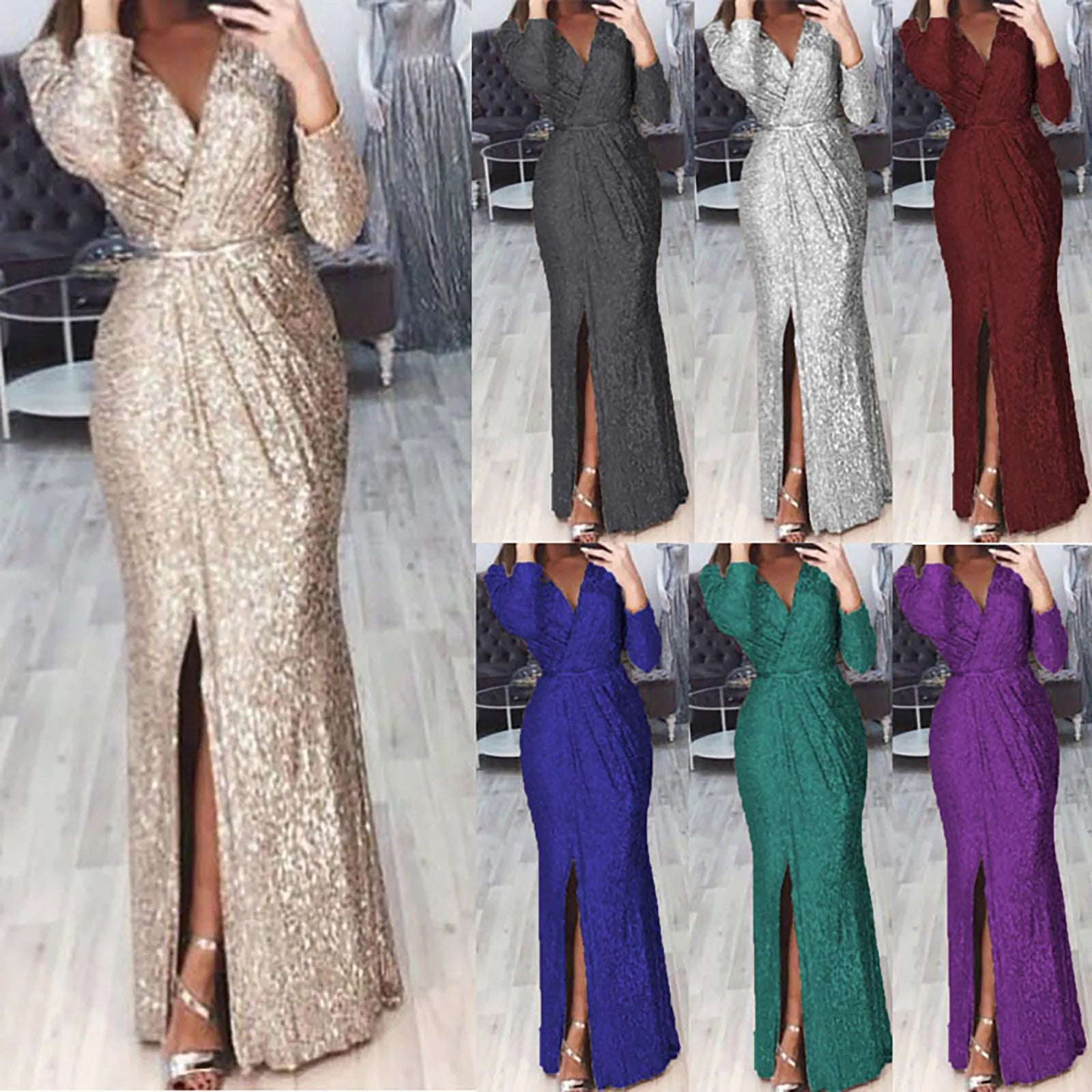 Textured Long Sleeve Maxi Dress With Sculpted Fit And Slit
