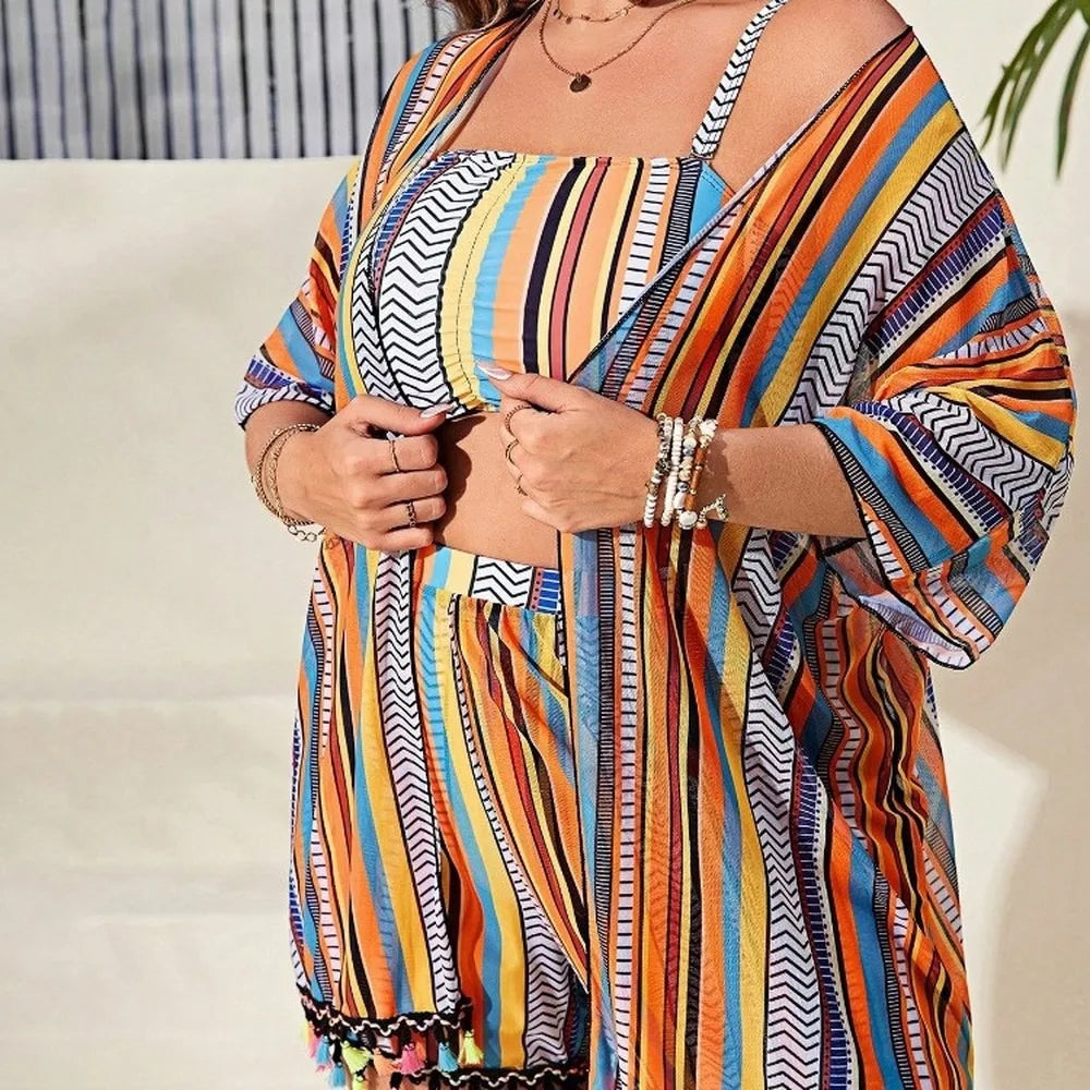Vibrant Striped Four-Piece Swimwear Ensemble with Flowing Fringed Cover-Up
