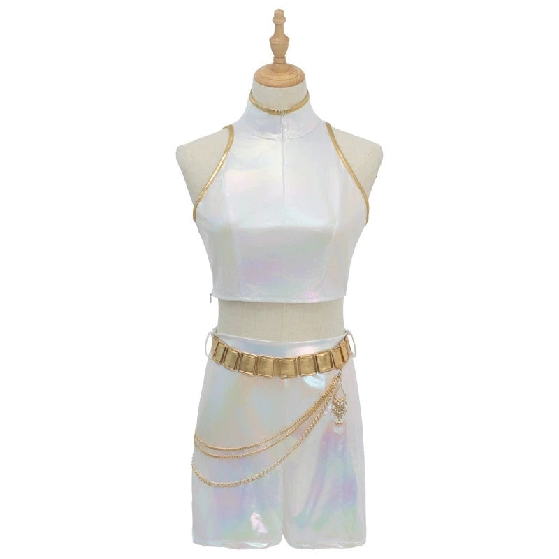 Iridescent Metallic Crop Top and Mini Skirt Set with Gold Fringe Detailing
