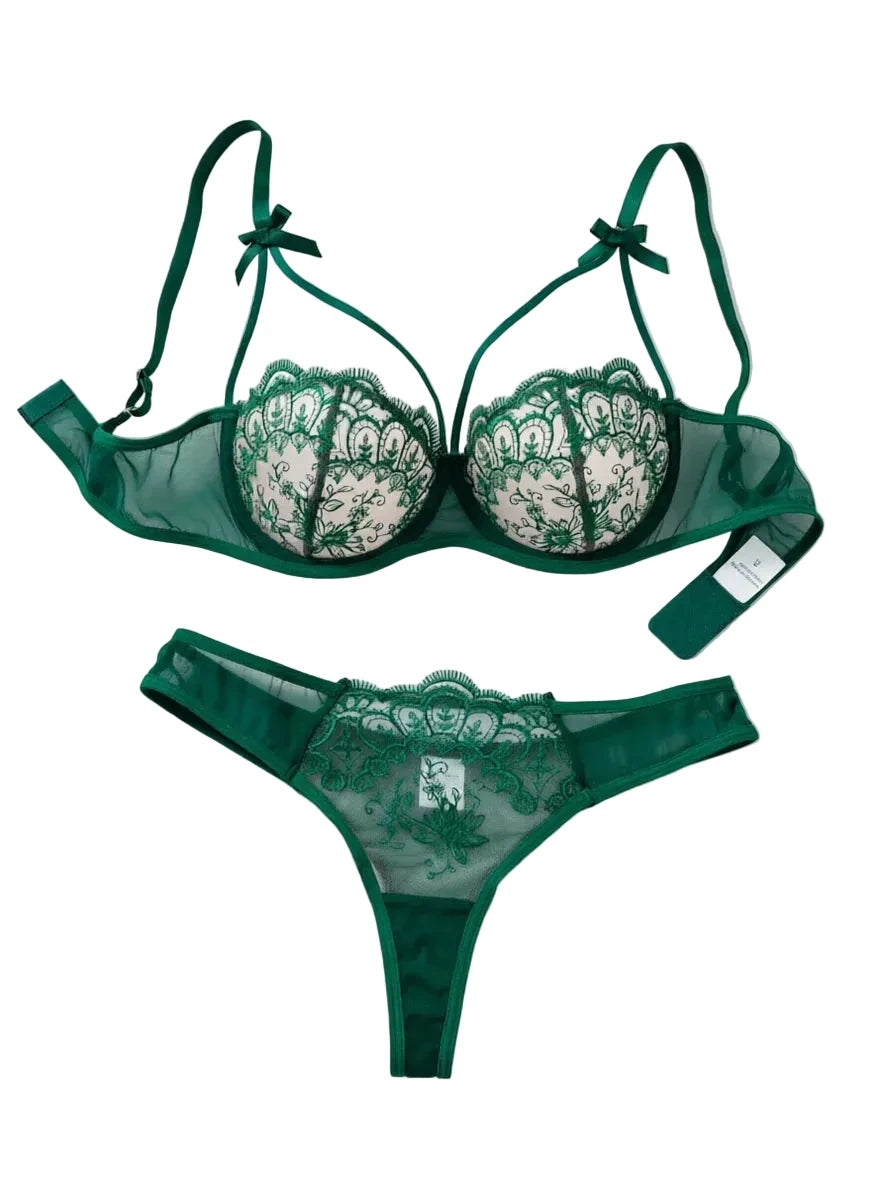 Emerald Green Sheer Mesh Underwire Bra Set with Strappy Neckline Details