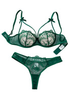 Emerald Green Sheer Mesh Underwire Bra Set with Strappy Neckline Details