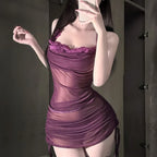 Sheer Plum Mesh Halter Chemise with Lace Trim and Ruched Side Ties