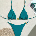 Rich Teal Triangle Bikini with Delicate Metallic Ring Details