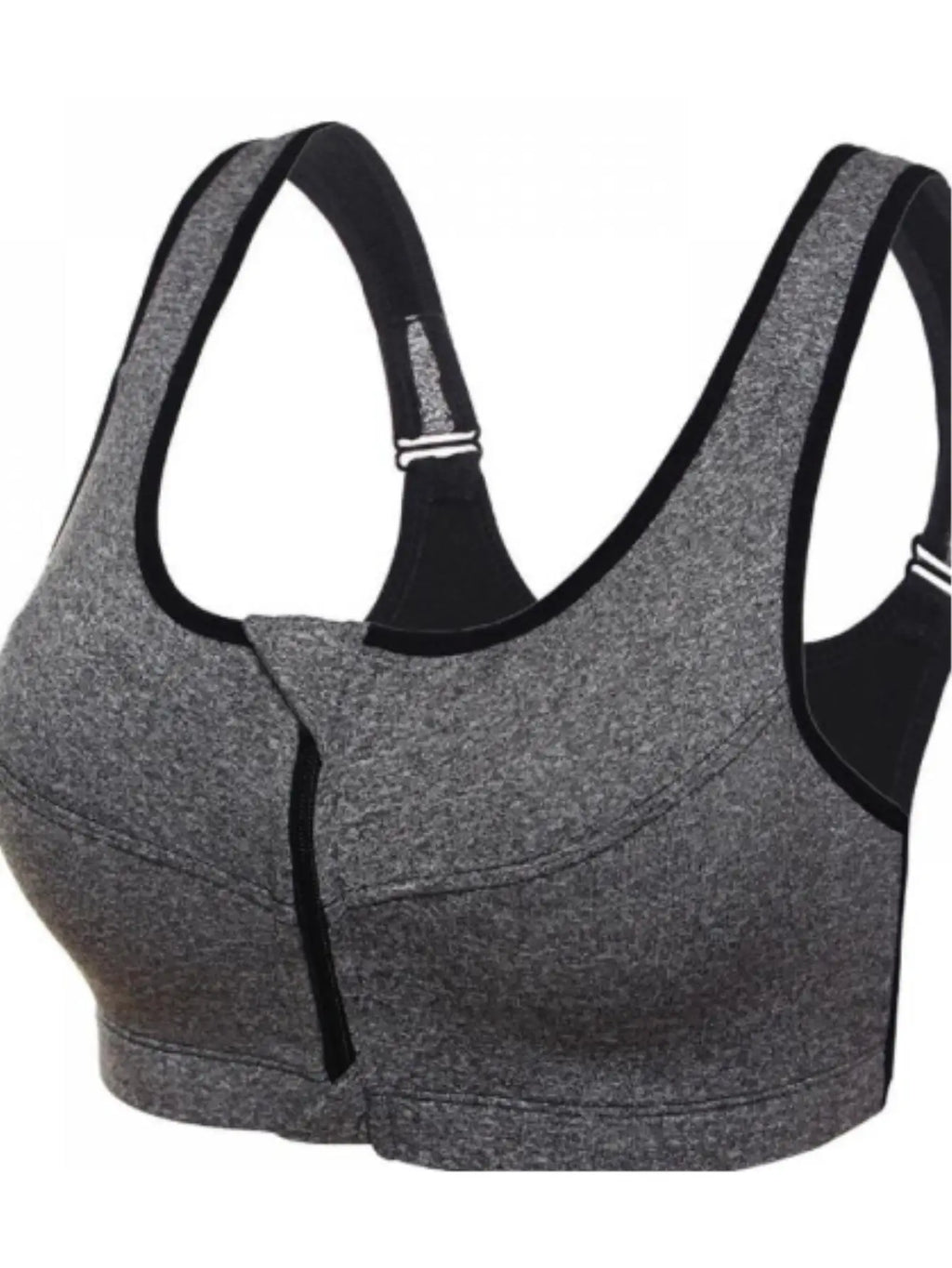 Heather Grey Front-Closure Activewear Bra with Center Zipper and Contrast Edging