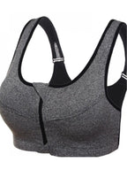 Heather Grey Front-Closure Activewear Bra with Center Zipper and Contrast Edging