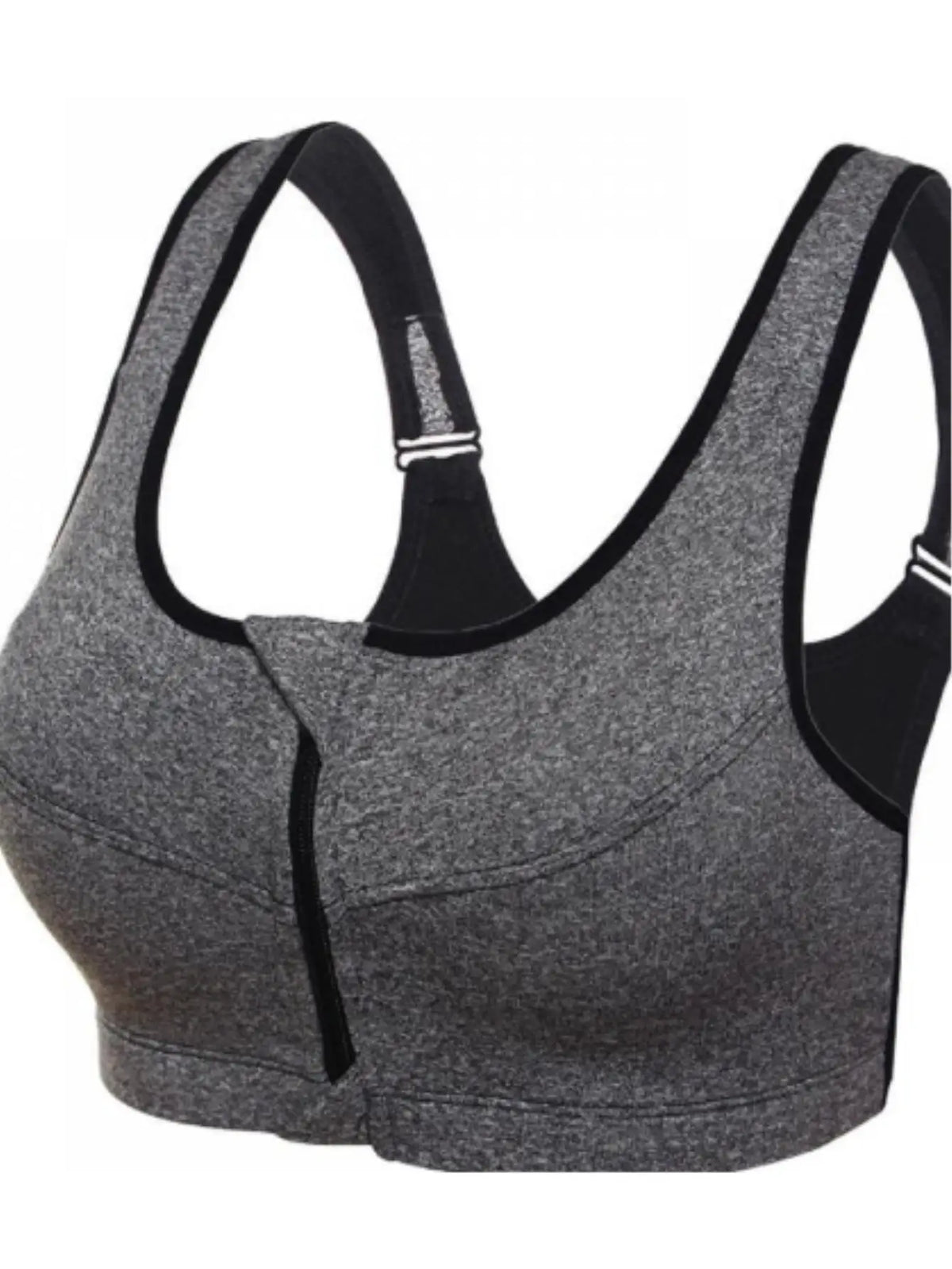 Heather Grey Front-Closure Activewear Bra with Center Zipper and Contrast Edging