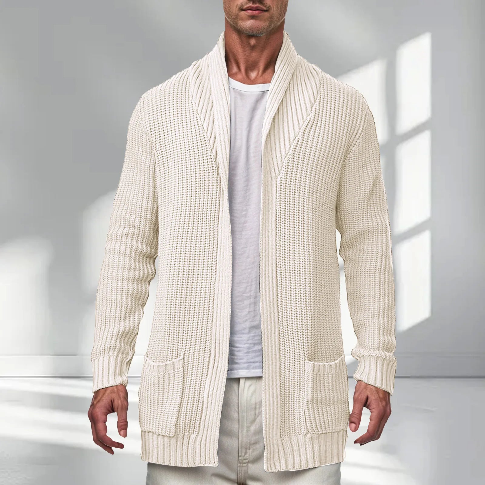 Men's Longline Ribbed Knit Cardigan with Open Front Relaxed Silhouette