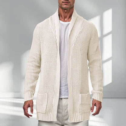 Men's Longline Ribbed Knit Cardigan with Open Front Relaxed Silhouette