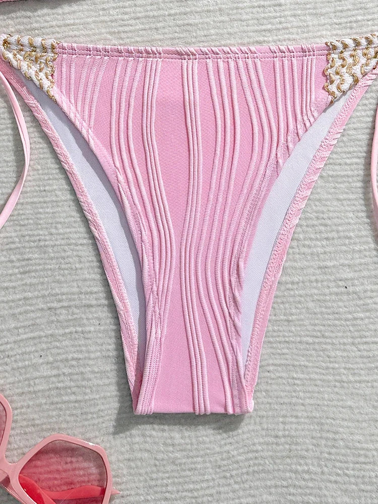 Pastel Pink Textured Triangle Bikini with Woven Bead Trim