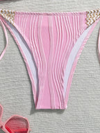 Pastel Pink Textured Triangle Bikini with Woven Bead Trim