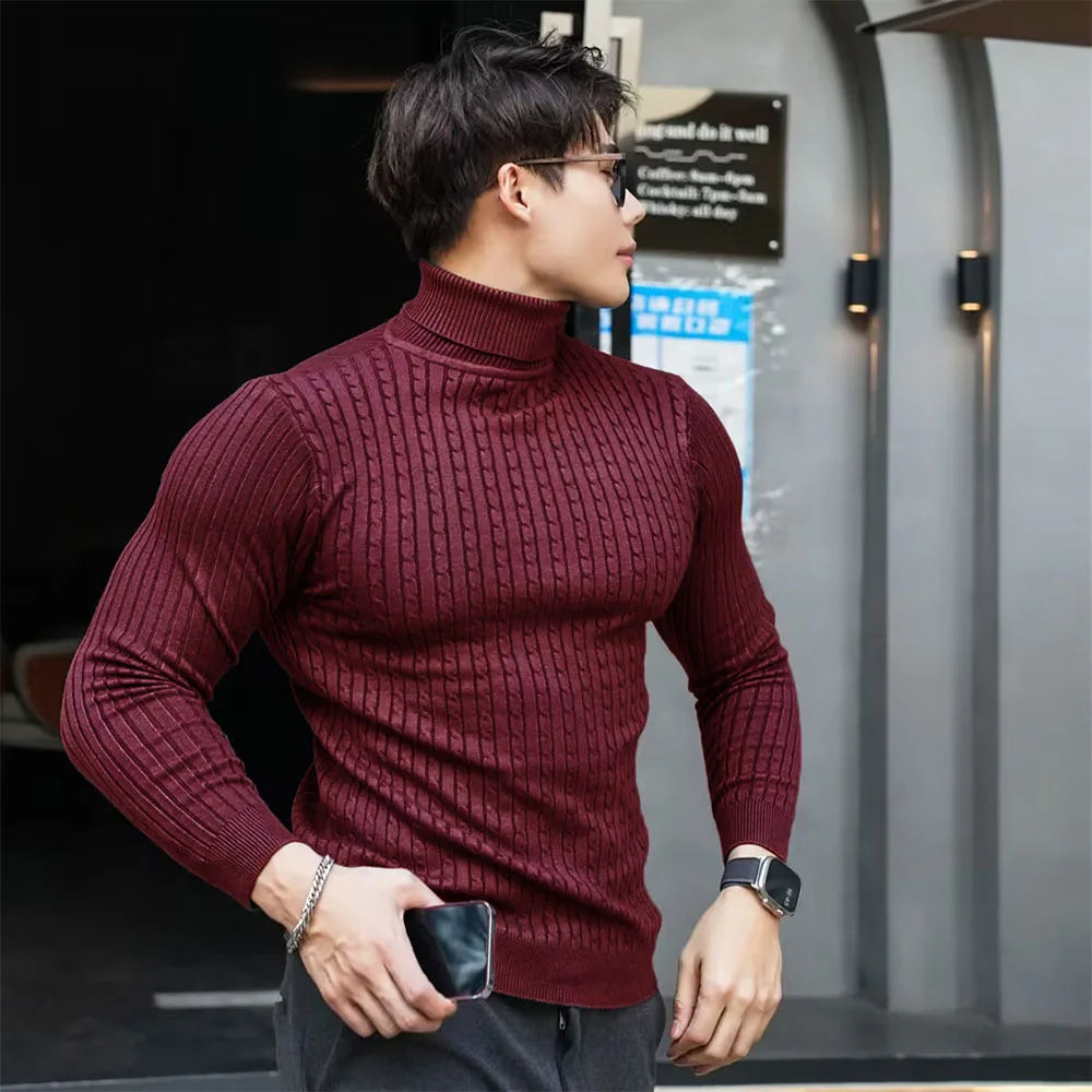 Men's Slim Fit Ribbed Turtleneck Contemporary Streetwear Knit Sweater