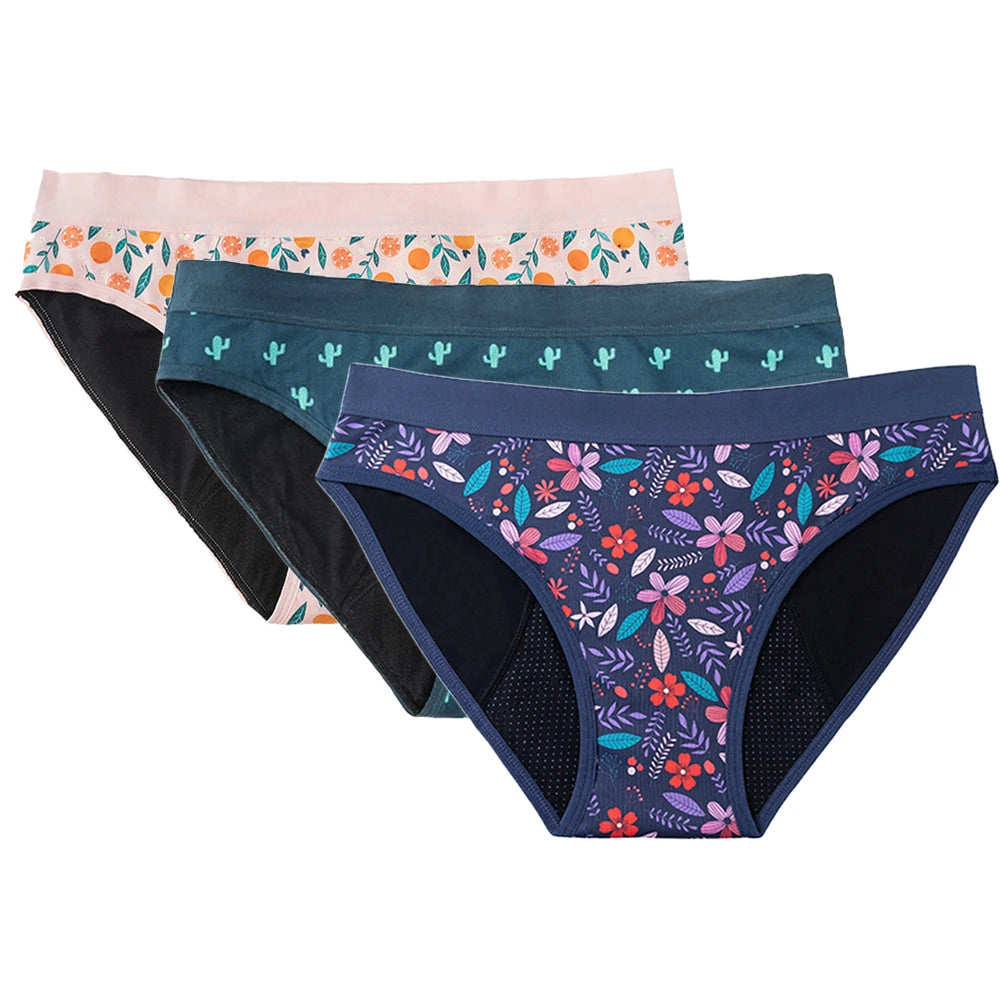 Three-Piece Floral Print Menstrual Brief Set with Contrast Waistbands