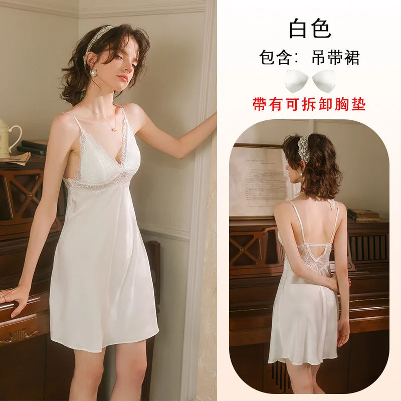 French-Inspired Smooth Satin-Finish Slip Nightdress with Draped V-Neckline