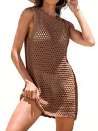 Black Crochet Backless Beach Cover-Up Dress with Hollow-Out Knit Design, Sleeveless Silhouette and Mini Length