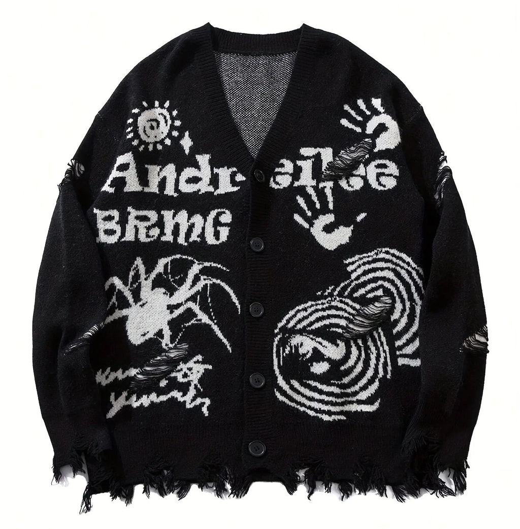 Men's Distressed Graphic Knit Cardigan Relaxed Fit Streetwear Sweater