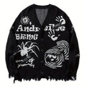 Men's Distressed Graphic Knit Cardigan Relaxed Fit Streetwear Sweater