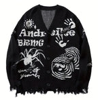 Men's Distressed Graphic Knit Cardigan Relaxed Fit Streetwear Sweater