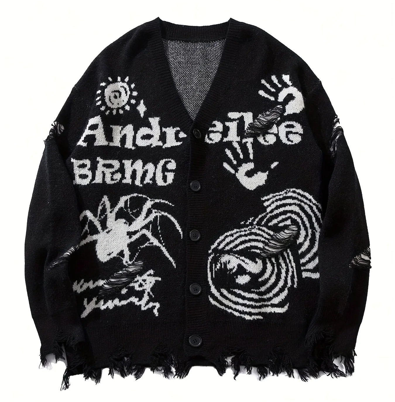 Men's Distressed Graphic Knit Cardigan Relaxed Fit Streetwear Sweater