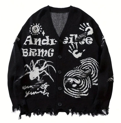 Men's Distressed Graphic Knit Cardigan Relaxed Fit Streetwear Sweater
