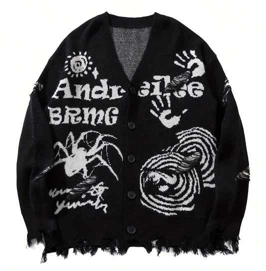 Men's Distressed Graphic Knit Cardigan Relaxed Fit Streetwear Sweater