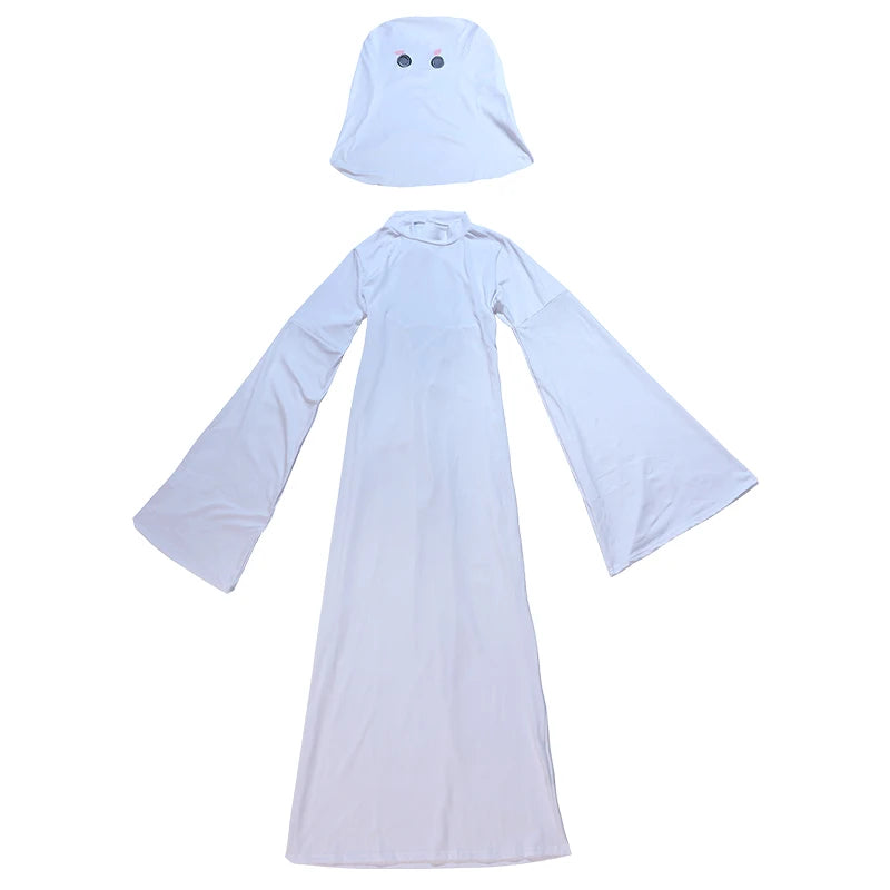 Form-Fitting Long White Gown with Sweeping Bell Sleeves and Ghost Veil