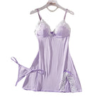 Lavender Lace-Trimmed Babydoll Nightdress with Matching Panty and Side Slit Detail