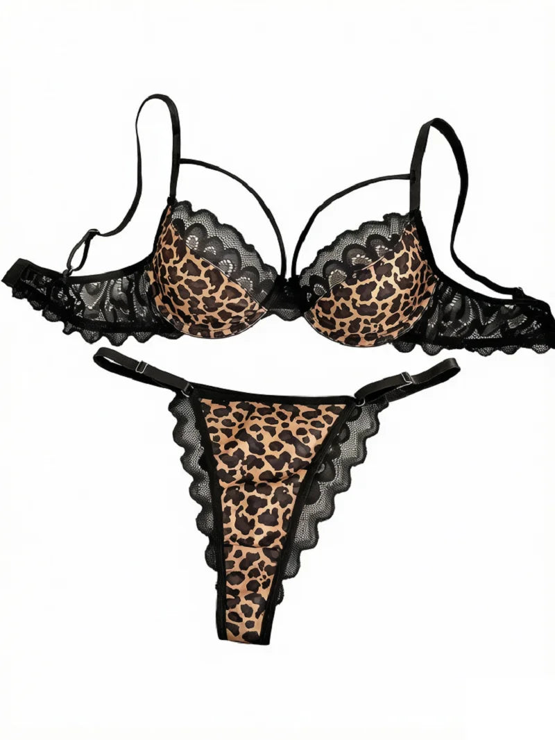 Strappy Leopard Print Underwire Lingerie Set with Black Scalloped Lace