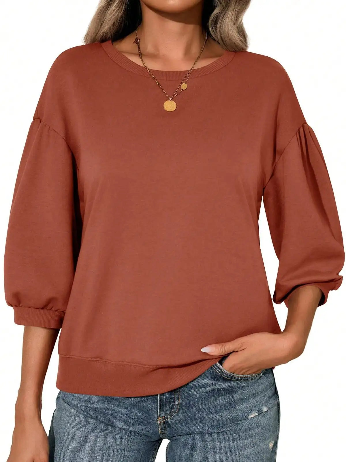 Women's Puff Sleeve Crew Neck Sweatshirt with Relaxed Fit for Contemporary Casual Fashion  Description: