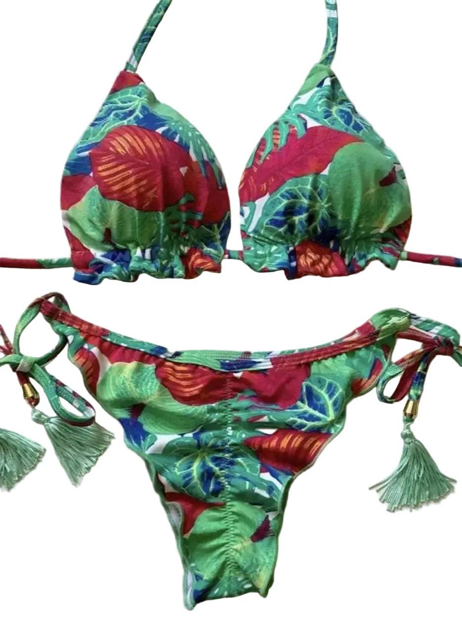 Tropical Palm Print Triangle Bikini Set with Twisted Rope Strap Details