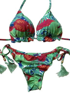 Tropical Palm Print Triangle Bikini Set with Twisted Rope Strap Details
