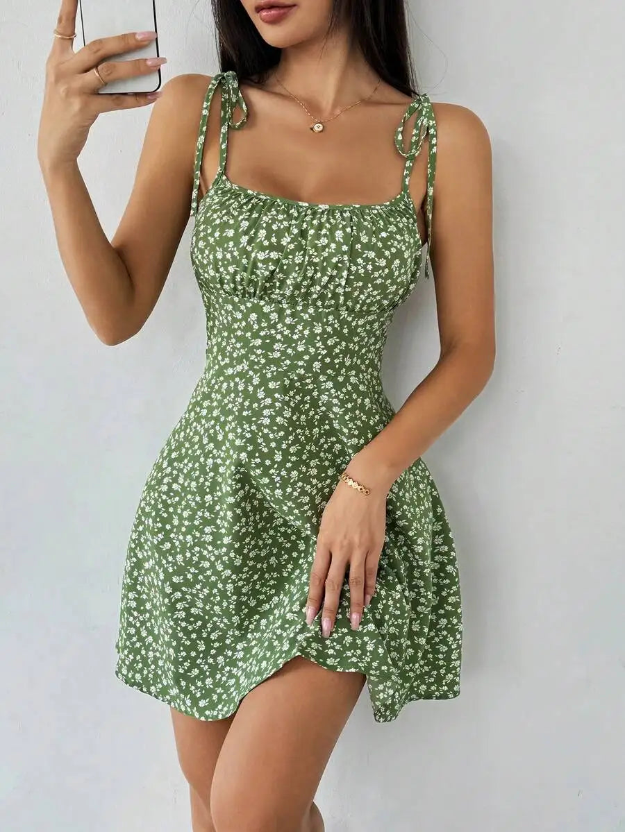 Floral Print Tie Strap A-Line Mini Dress with Lightweight Summer Silhouette