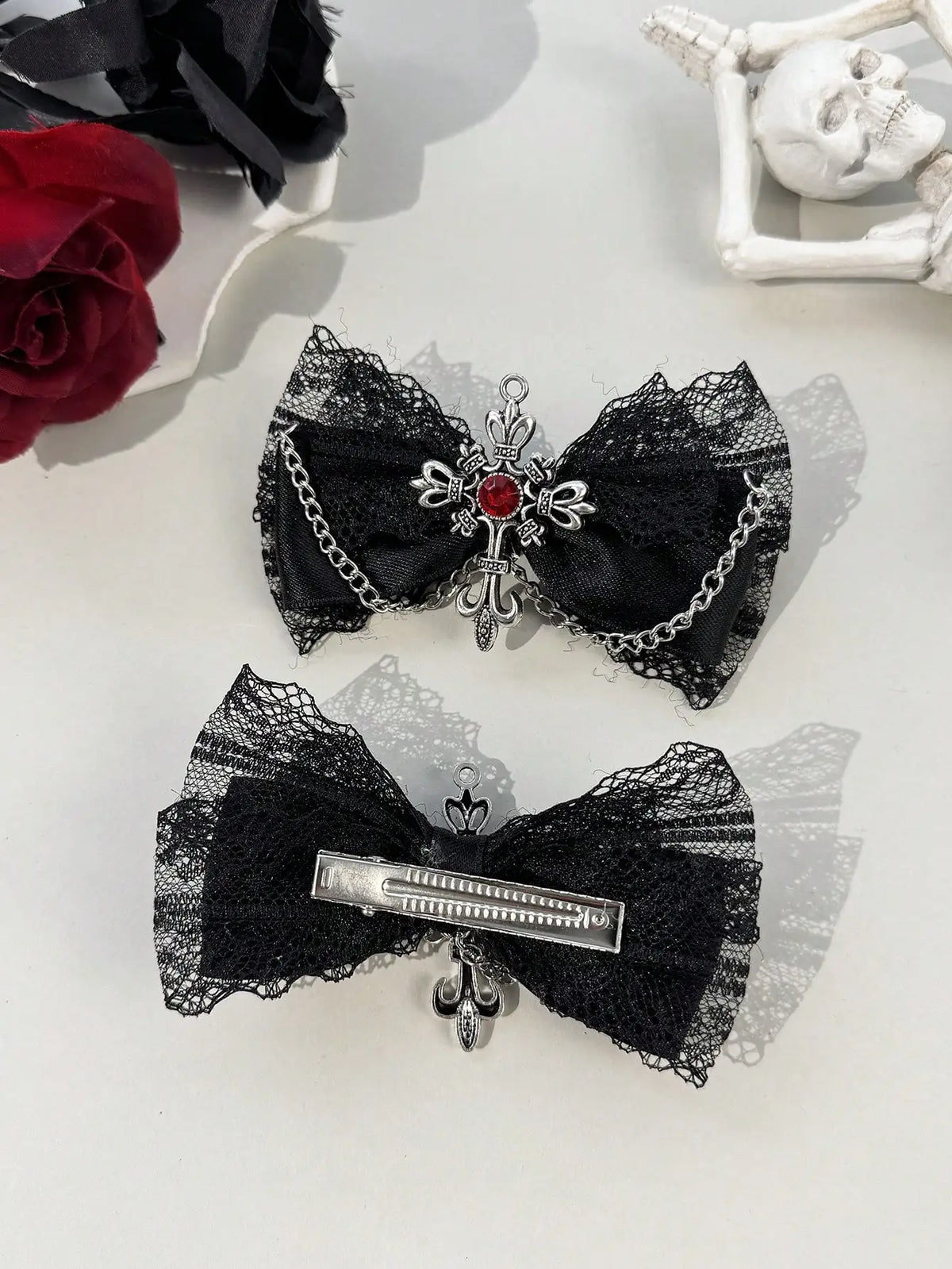 Gothic Lace Bow Hair Clips With Cross Chain Statement Accents