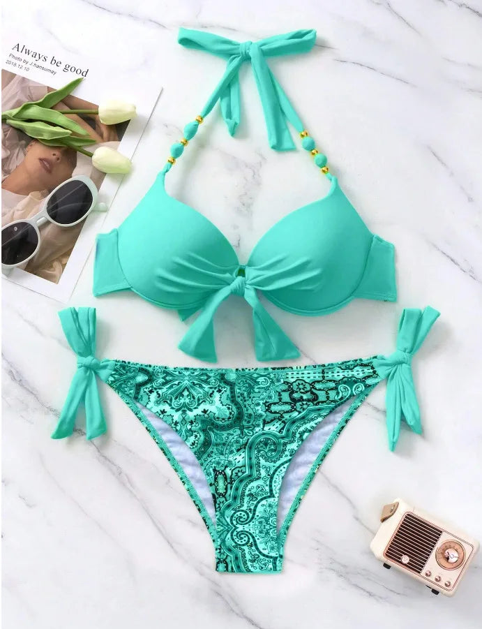 Neon Green Underwire Halter Bikini with Printed Side-Tie Bottom