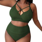 Black Textured High-Waisted Two-Piece Swimsuit with Strappy V-Neck Top and Wide Waistband Detail
