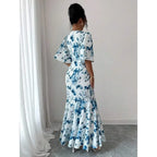 Floral Wrap Style Maxi Dress with Ruffle Hem and Flutter Sleeves