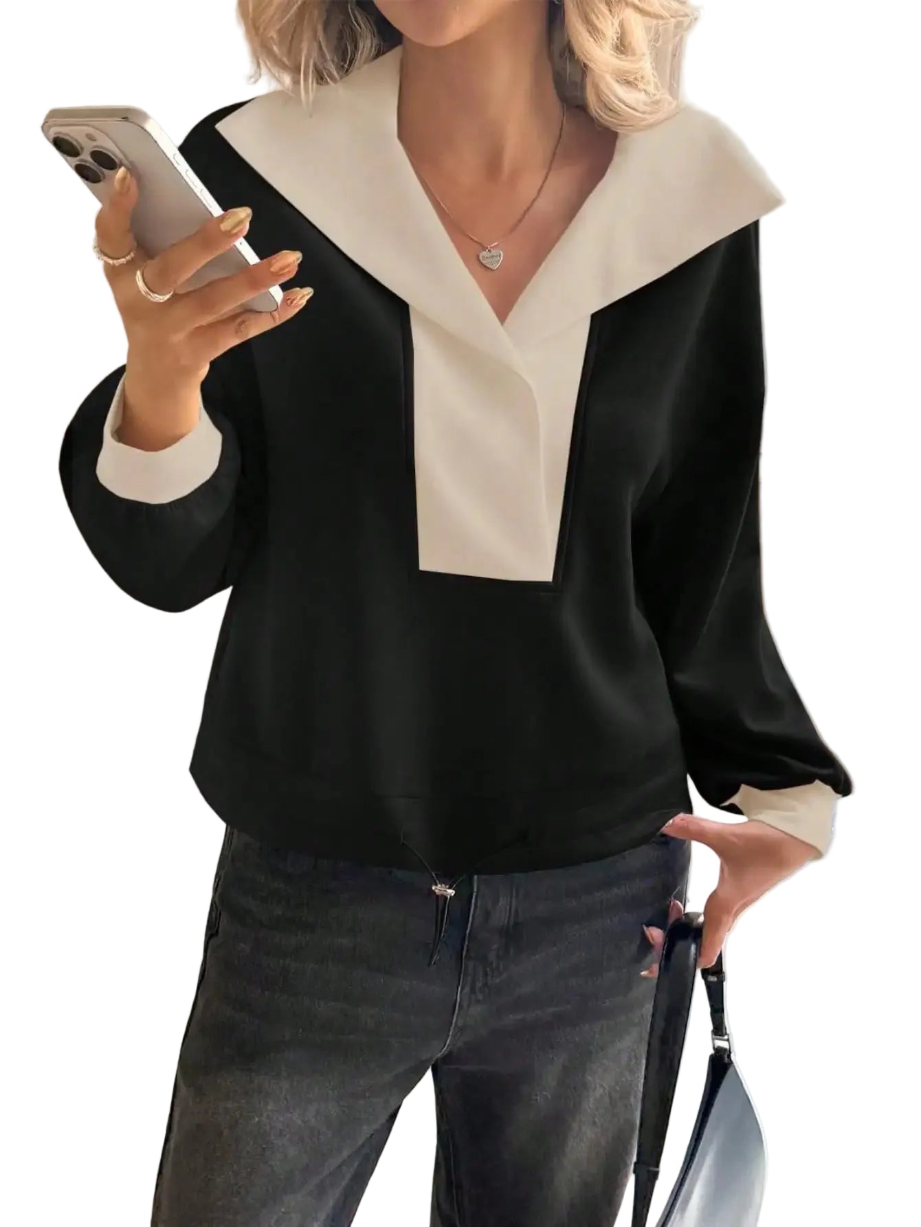 Women's Contrast Collar V-Neck Sweatshirt with Long Sleeves for Casual Contemporary Everyday Fashion
