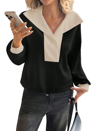 Women's Contrast Collar V-Neck Sweatshirt with Long Sleeves for Casual Contemporary Everyday Fashion