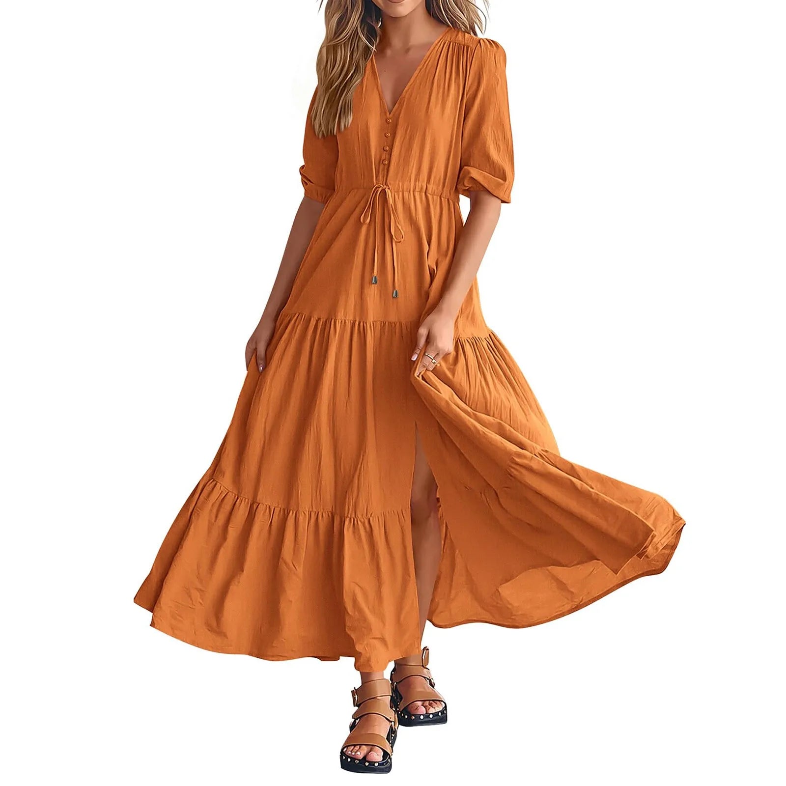 Tiered Drawstring Maxi Dress with Relaxed Flowing Contemporary Silhouette