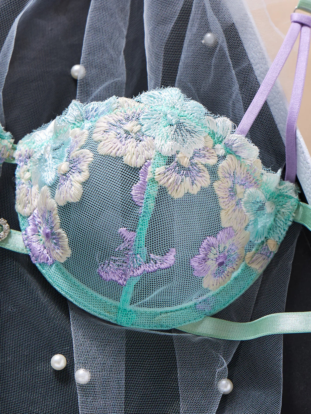 Ethereal Mint Green Underwire Bra and Tie-Side Panty Set with Lavender Embroidery