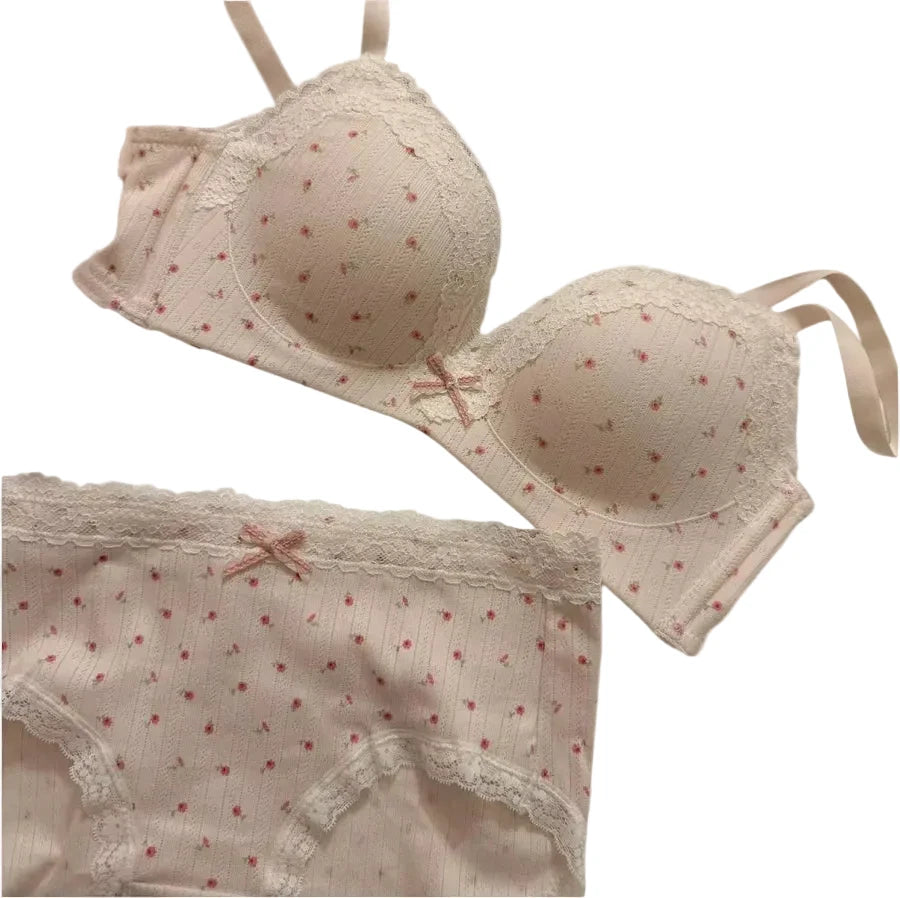 Soft Cream Dotted Floral Wire-Free Bralette and Panty Set with Delicate Lace Trim