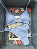 Light Blue and White Striped Triangle String Bikini Set