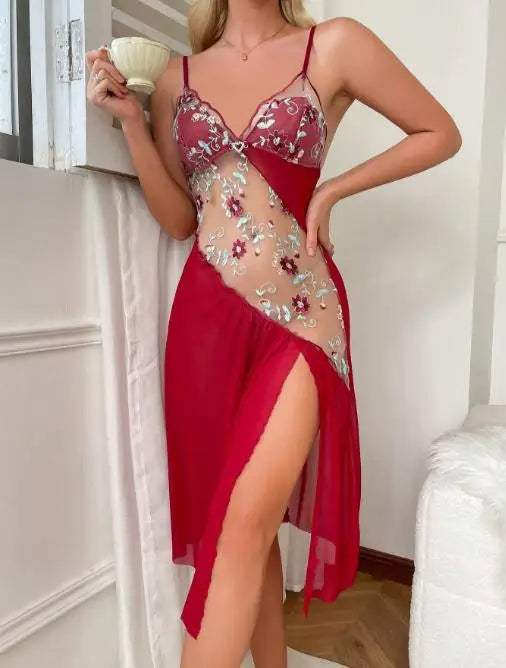 Sheer Asymmetrical Mesh Nightgown with Floral Embroidery and High Slit