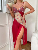 Sheer Asymmetrical Mesh Nightgown with Floral Embroidery and High Slit