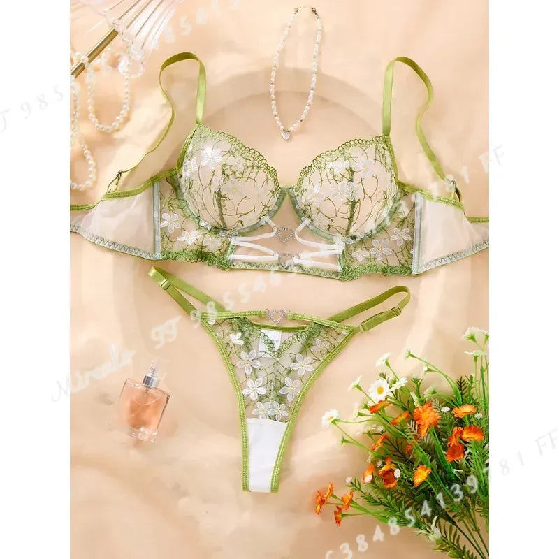 Ethereal Green Mesh and White Daisy Embroidered Underwire Bra Set