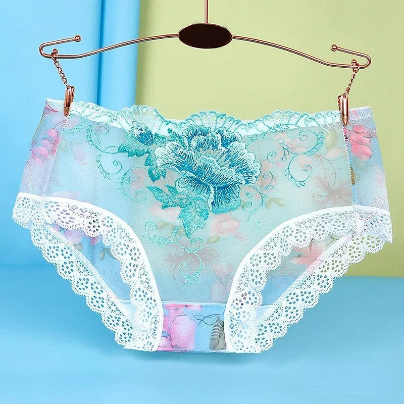 Women’s Floral Embroidered Lace Briefs with Sheer Panels, Low-Rise Silhouette and Delicate Feminine Detailing