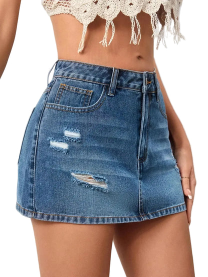 Distressed Low Rise Denim Mini Skirt with Ripped Streetwear Details