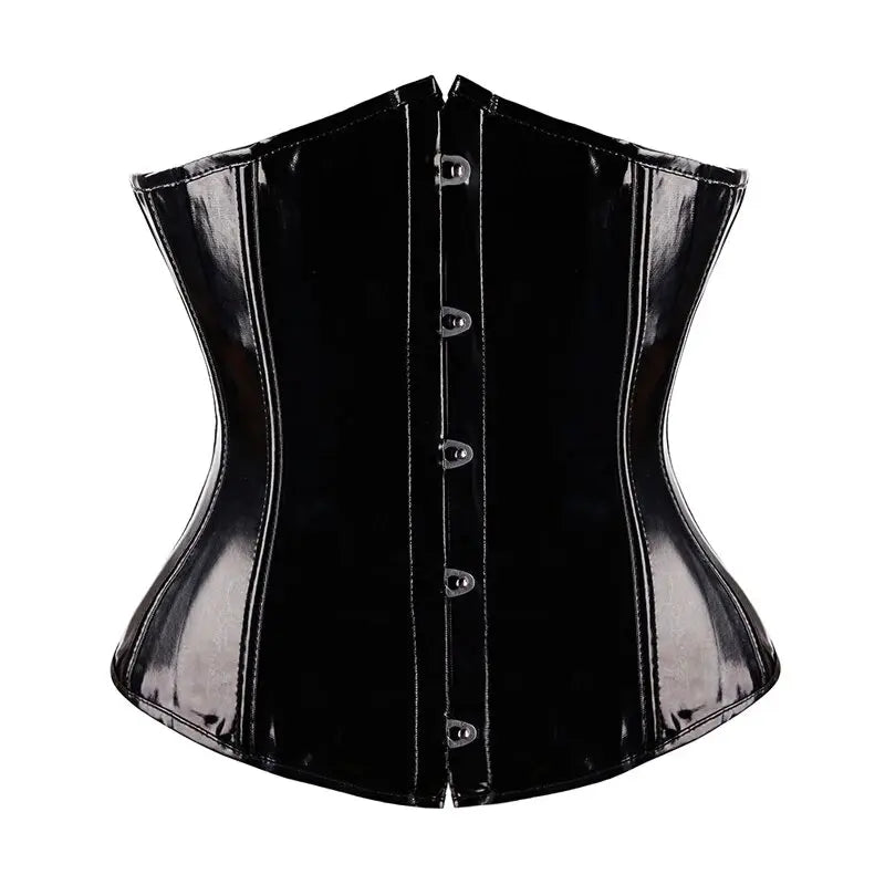 High-Shine Black Faux Leather Underbust Waist Cincher with Front Metal Busk