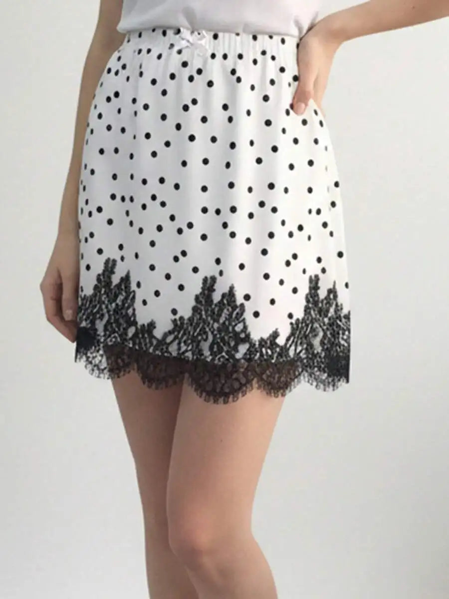 Polka Dot Lace Trim Mini Skirt with Elastic Waist A-Line Silhouette